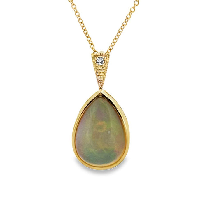 9.04 CT Ethiopian Opal & 0.05 CT Diamond 14K Yellow Gold Teardrop Pendant Necklace