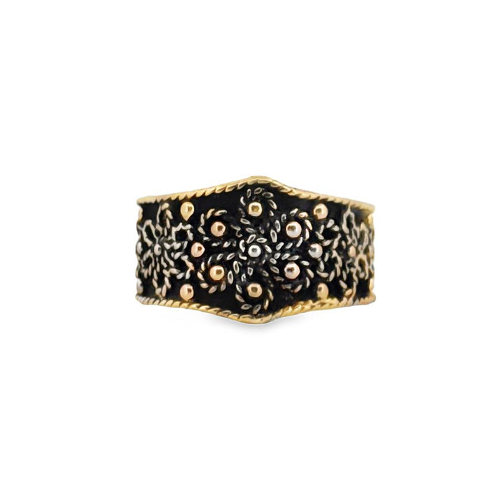 Floral Oxidized 12mm Wide Band Ring in 14K Yellow Gold