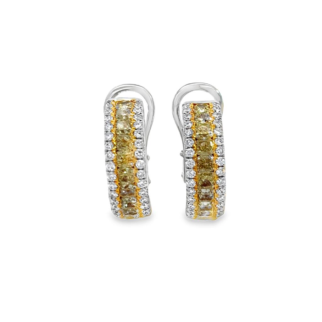 1.71 CTW Yellow Diamond & 0.57 CTW White Diamond Channel Set Earrings in 18K White Gold – 15.5mm