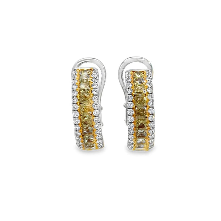 1.71 CTW Yellow Diamond & 0.57 CTW White Diamond Channel Set Earrings in 18K White Gold – 15.5mm