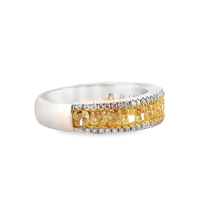 18K White Gold Ring with 1.71 CTW Radiant Yellow Diamonds and 0.25 CTW Round Diamonds, 5mm Wide
