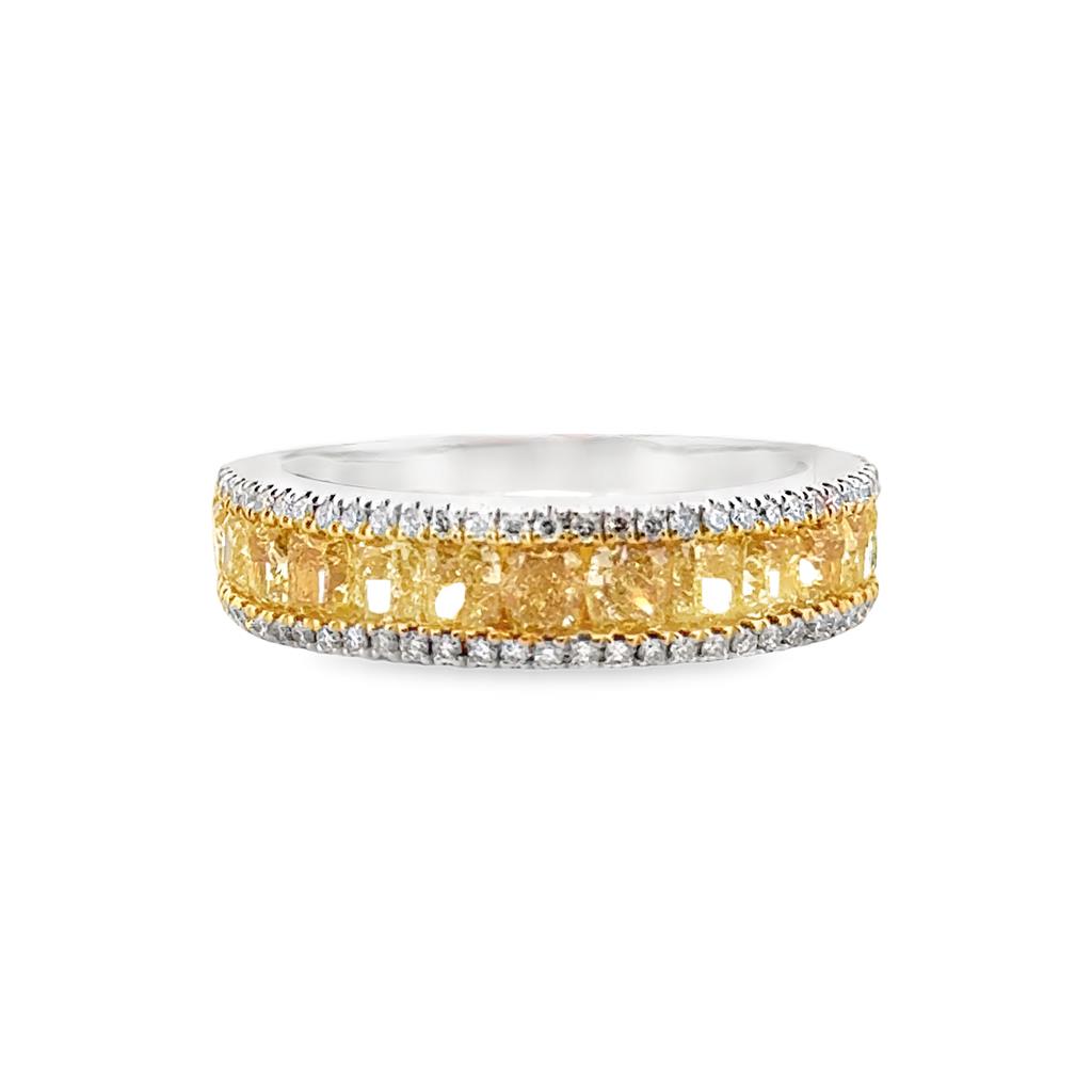 18K White Gold Ring with 1.71 CTW Radiant Yellow Diamonds and 0.25 CTW Round Diamonds, 5mm Wide