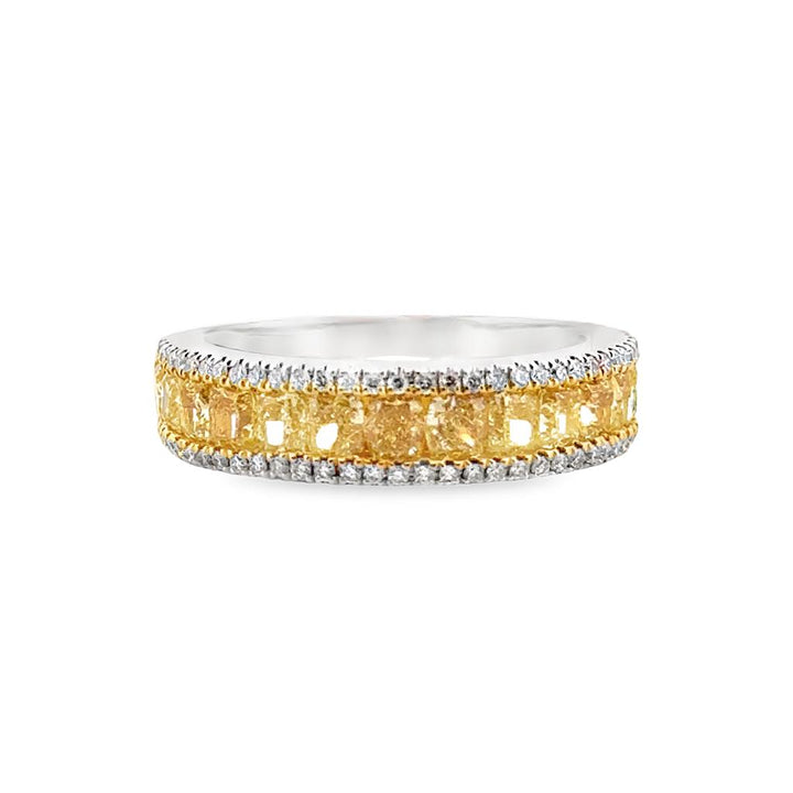 18K White Gold Ring with 1.71 CTW Radiant Yellow Diamonds and 0.25 CTW Round Diamonds, 5mm Wide