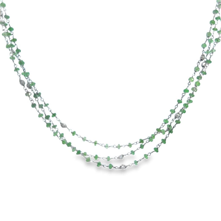Emerald Bead 3-Strand 18K White Gold Necklace with Textured Ball Accents