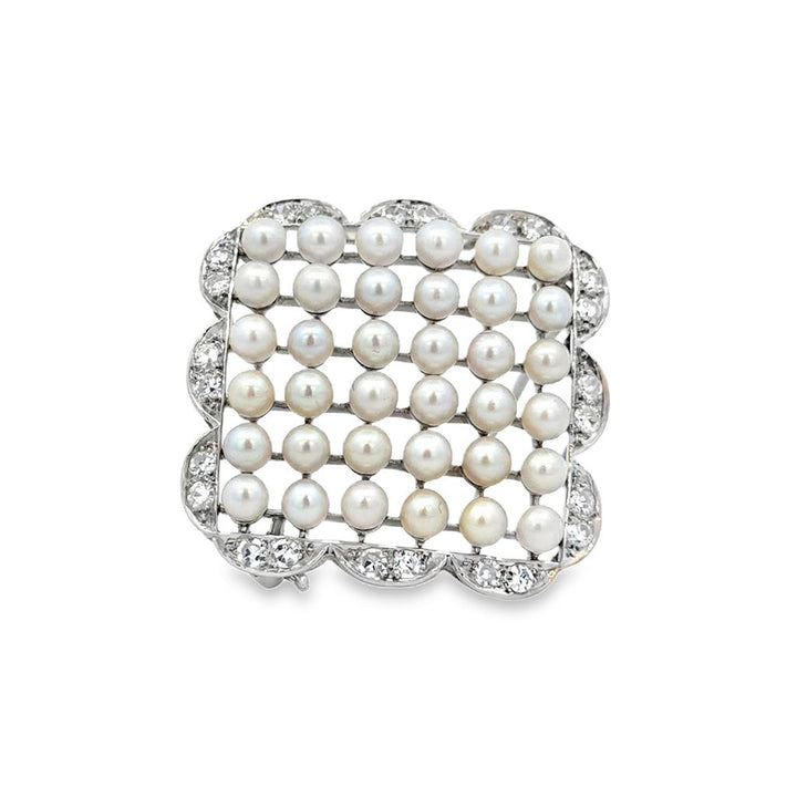 0.72 CTW Diamond and Pearl 14K White Gold Square Brooch Pin