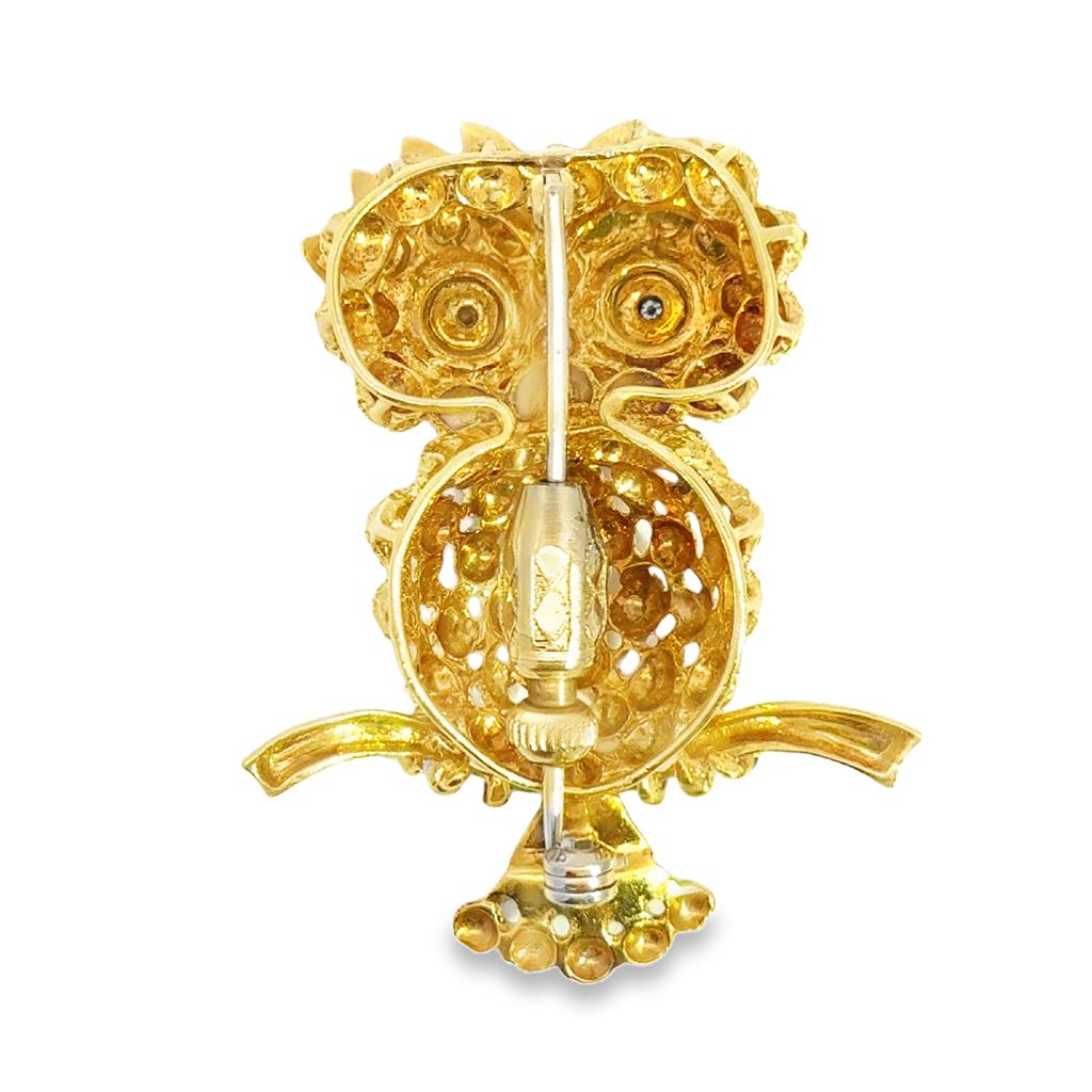 Sal Praschnik Enamel & Diamond Owl Brooch in 18K Yellow Gold