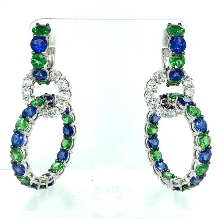 Robert Procop American Glamour 8.29 CTW Blue Sapphire 6.57 CTW Green Tsavorite Garnet 18K White Gold Earrings
