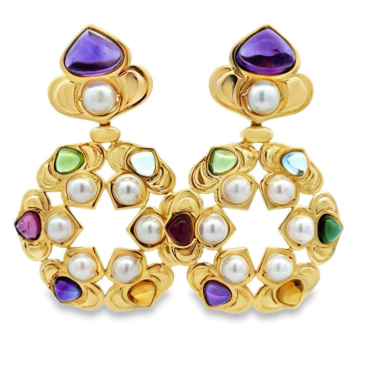 Pre-Owned Vasari 18K Yellow Gold Multi-Gemstone & Pearl Large Dangle Earrings