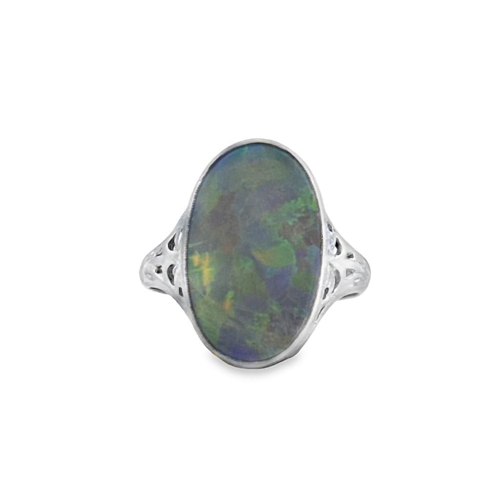 Vintage-Style 14K White Gold Opal Ring, 18.5mm Top