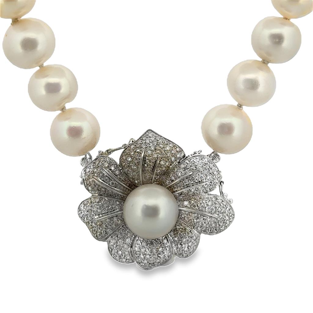 1.80 CTW Diamond Flower Brooch Pearl Necklace – 12–14mm Pearls, 18" Length