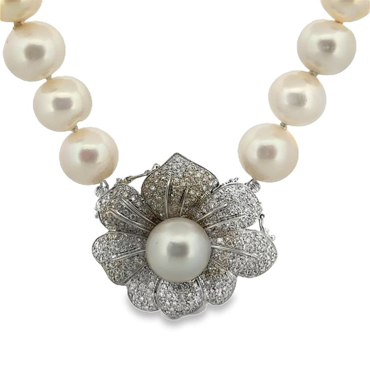 1.80 CTW Diamond Flower Brooch Pearl Necklace – 12–14mm Pearls, 18" Length