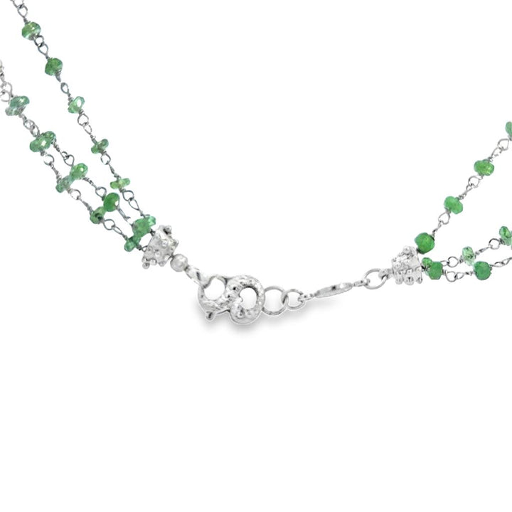 Emerald Bead 3-Strand 18K White Gold Necklace with Textured Ball Accents
