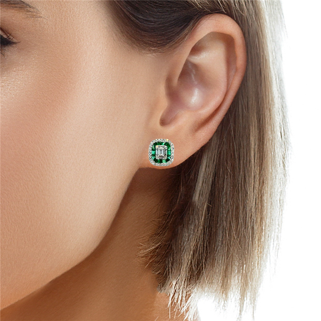 0.61 CTW Emerald & 0.89 CTW Diamond 14K Two-Tone Gold Emerald-Cut Halo Stud Earrings