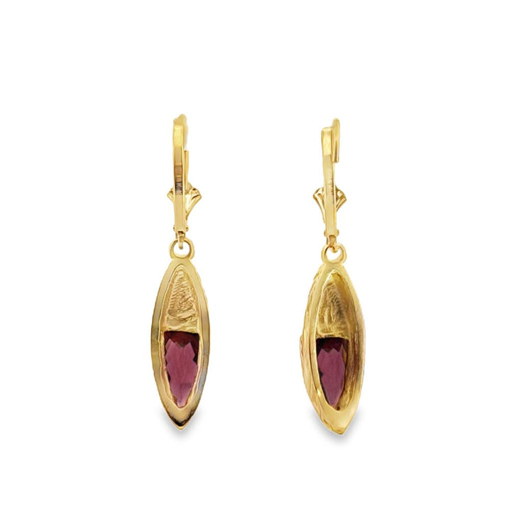 Garnet Drop Earrings 14K Yellow Gold – 1 1/4" Leverback