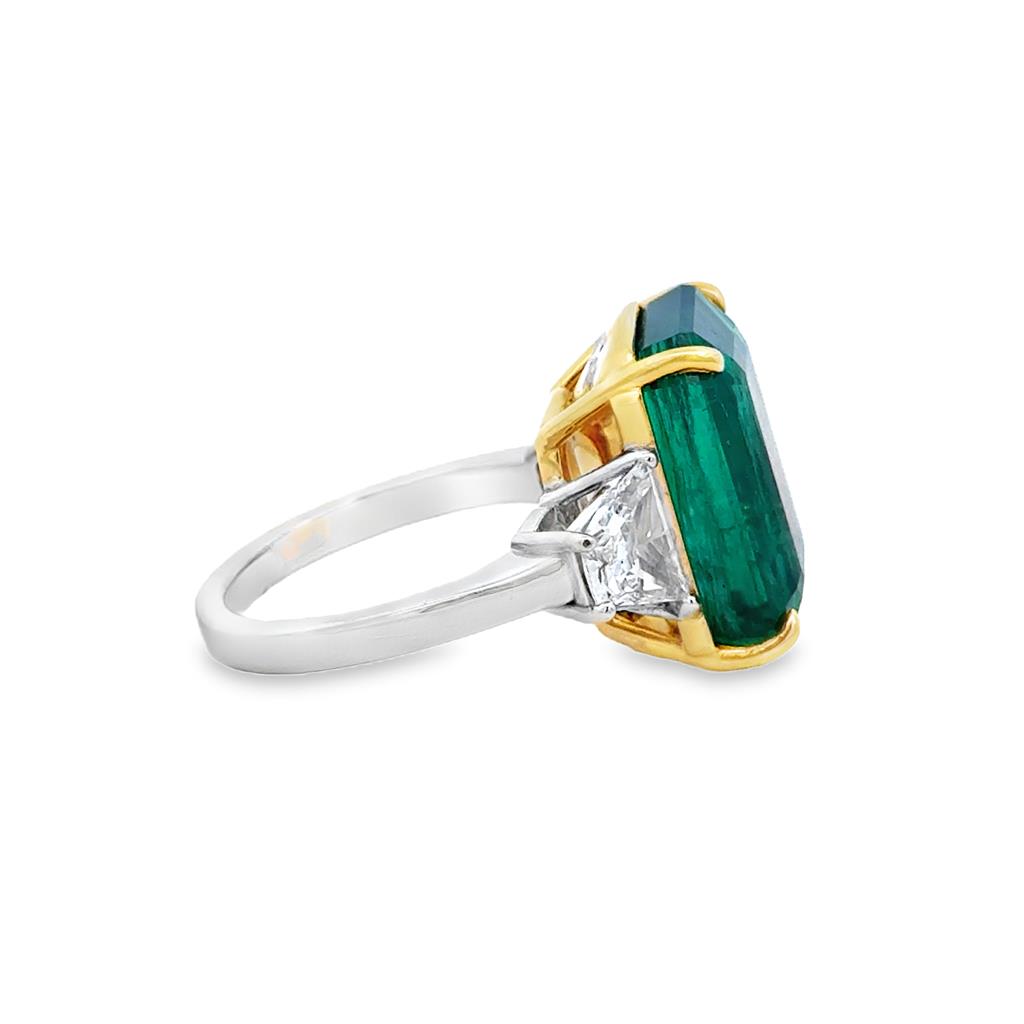 12.89 CT Emerald & 1.23 CTW Diamond 18K Two-Tone Gold 3 Stone Ring