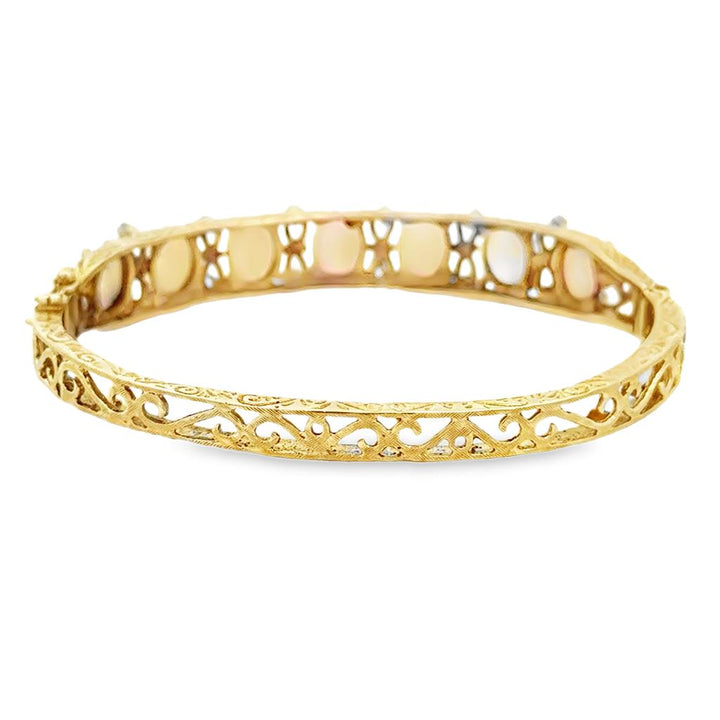 0.12 CTW Diamond & Oval Opal 14K Yellow Gold Ornate Hinged Bangle Bracelet