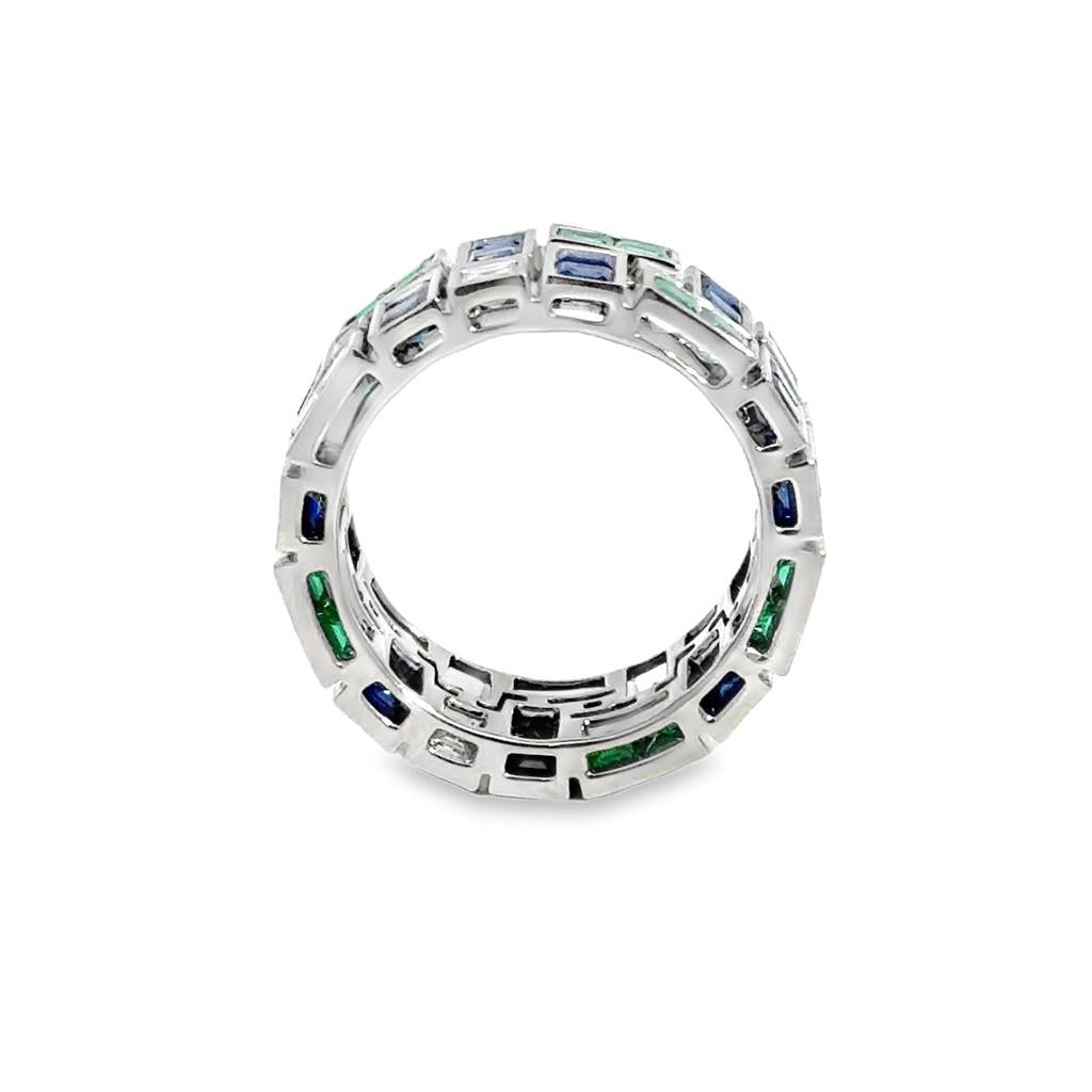 Masterpiece 5.49 CTW Emerald, Blue Sapphire & Diamond French-Cut Eternity Ring – Platinum
