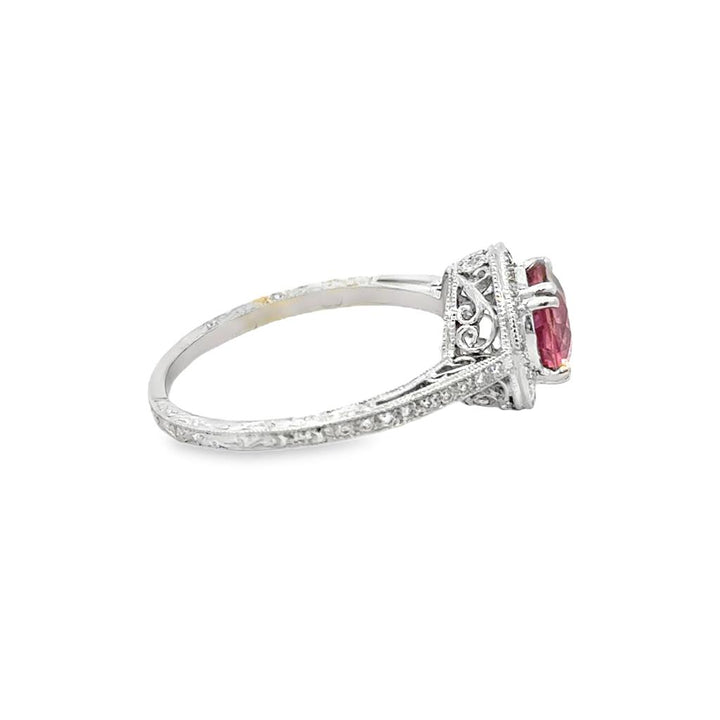 18K White Gold Pink Tourmaline & Diamond Halo Ring – Size 6