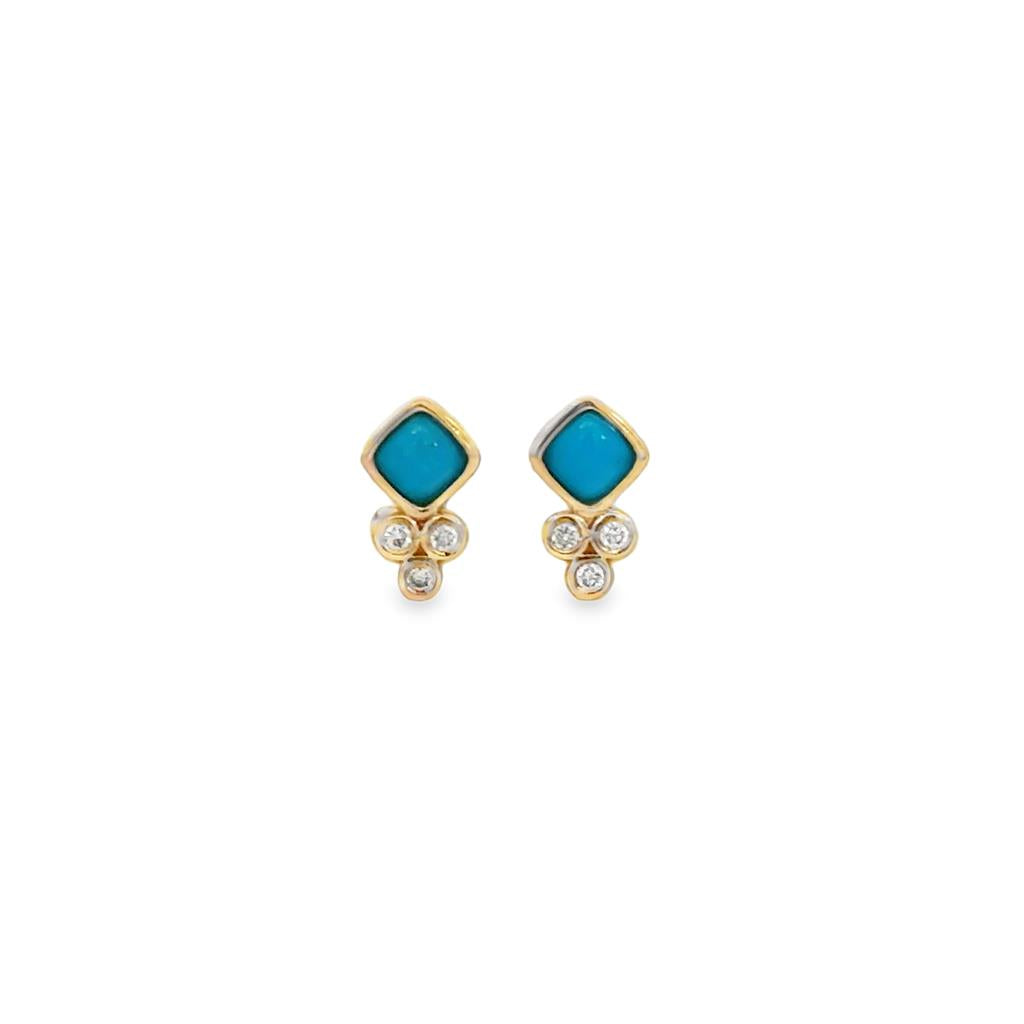 18K Yellow Gold Turquoise and Diamond Stud Earrings
