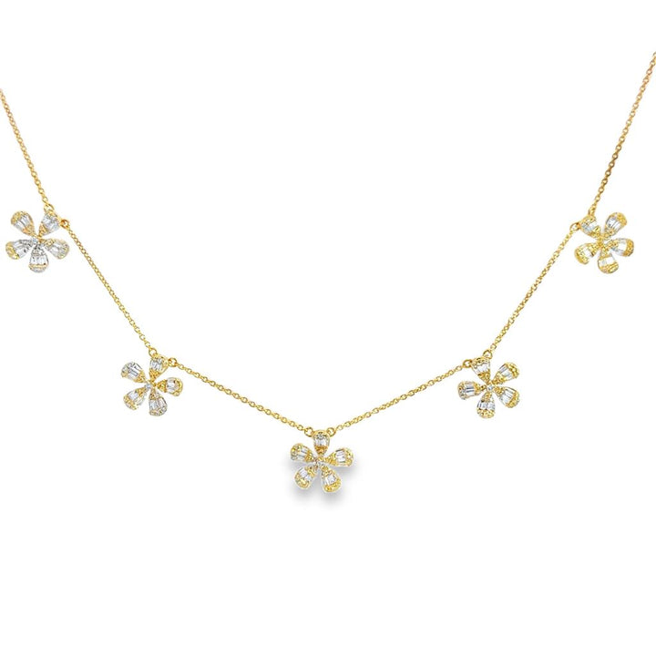 1.00 CTW Diamond Flower Station Necklace in 14K Yellow Gold