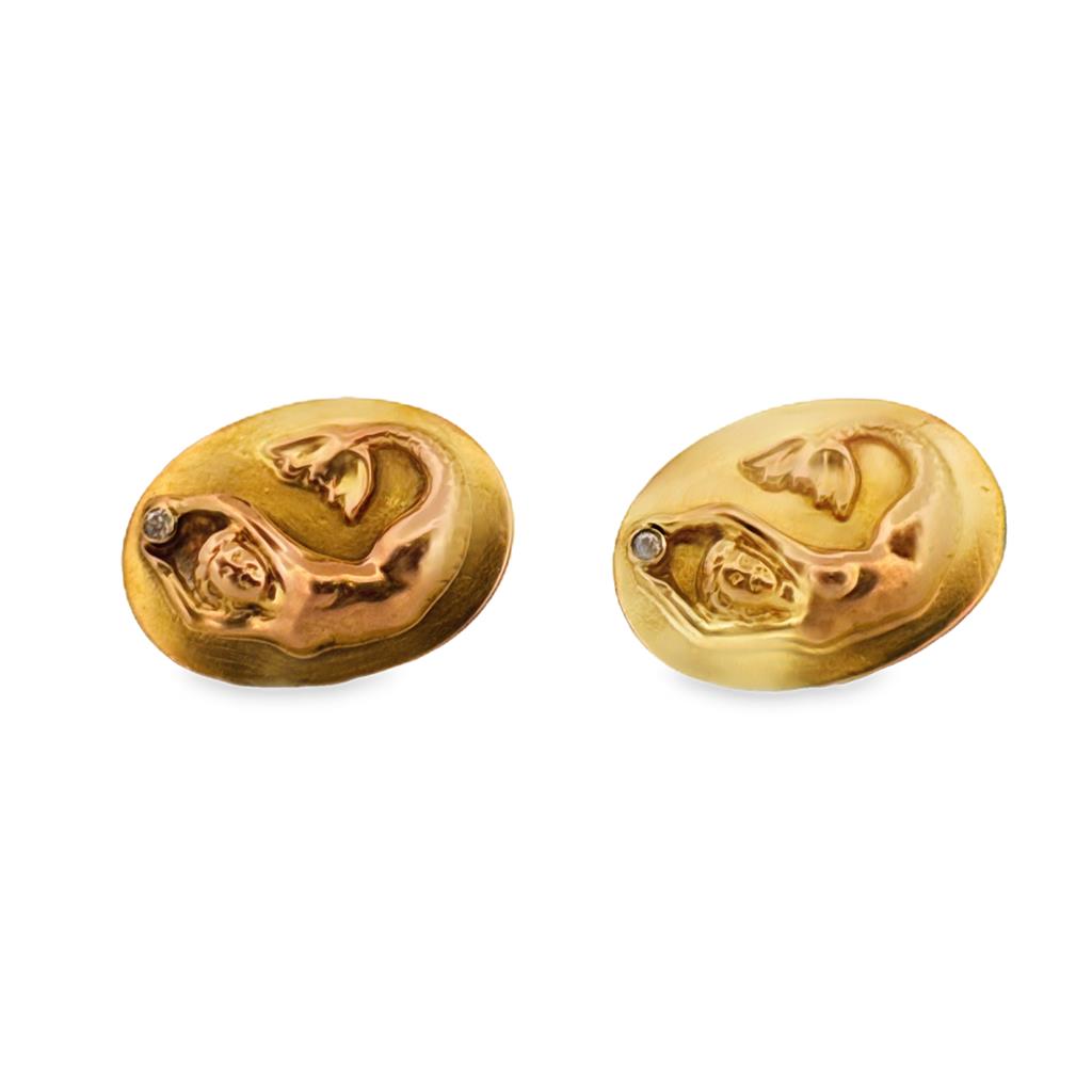Vintage Victorian Mermaid & Diamond Cuff Links, 14K Yellow Gold