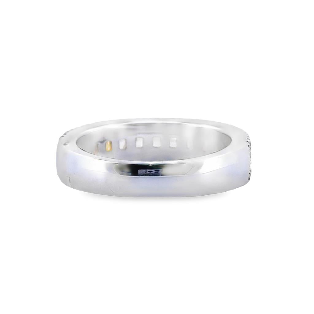 18K White Gold Ring with 1.71 CTW Radiant Yellow Diamonds and 0.25 CTW Round Diamonds, 5mm Wide