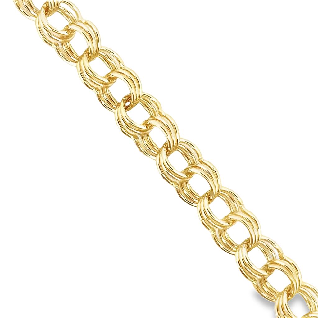 14K Yellow Gold Triple Link Charm Bracelet, 10mm, 7.5" Long