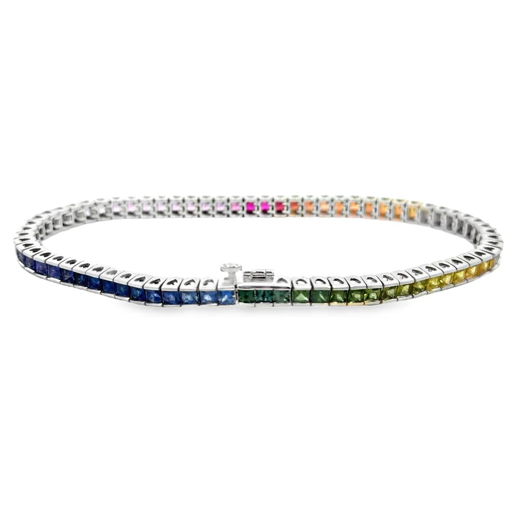 8.00 CTW Rainbow Sapphire 14K White Gold Princess-Cut Bracelet