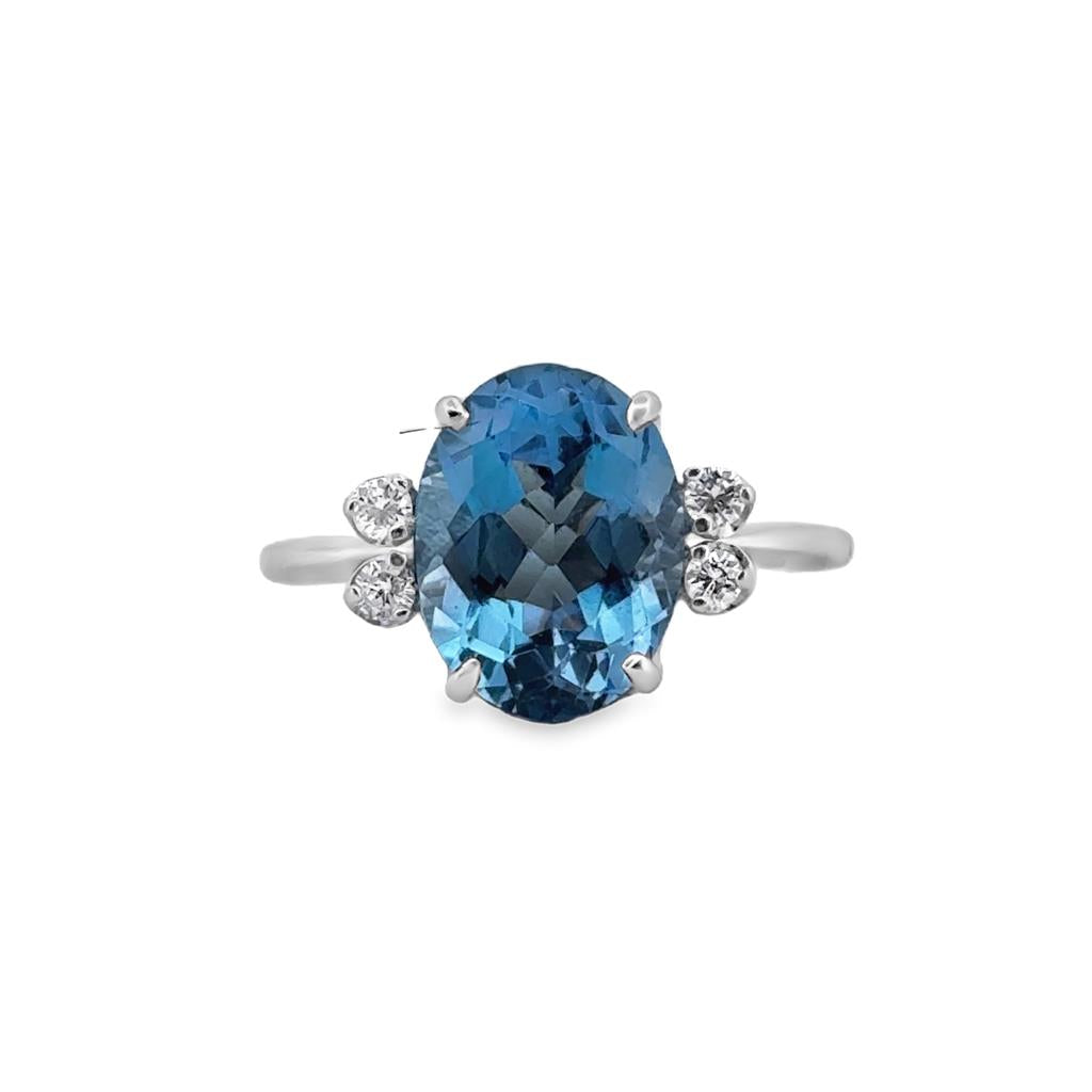 Oval Aquamarine & Diamond Ring in 14K White Gold – 11x9mm Center, 0.12 CTW Diamonds