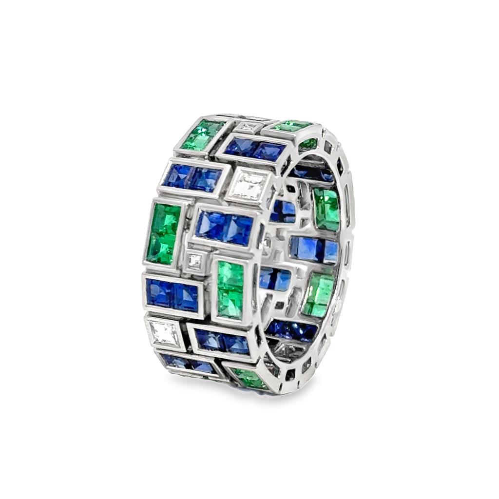 Masterpiece 5.49 CTW Emerald, Blue Sapphire & Diamond French-Cut Eternity Ring – Platinum