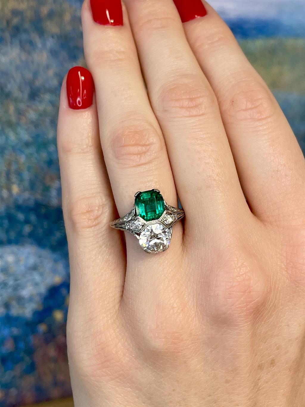 Vintage 1.96 CT Diamond and 1.43 CT Emerald Platinum Ring