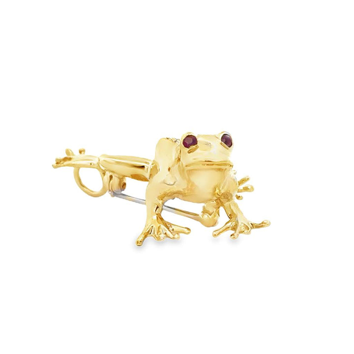 0.24 CTW Diamond Frog Brooch Pin with Ruby Eyes in 14K Yellow Gold