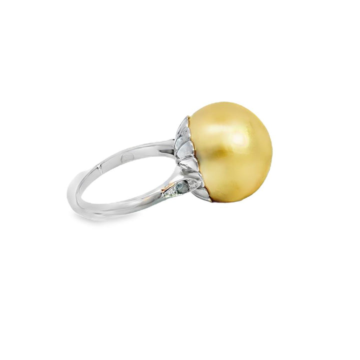 16MM Golden Pearl & Diamond 14K White Gold Ring