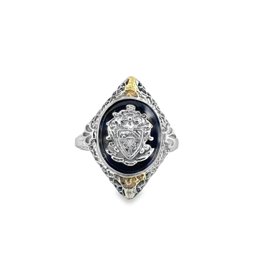 Vintage 14K White Gold & Onyx Ring with Yellow Gold Accents