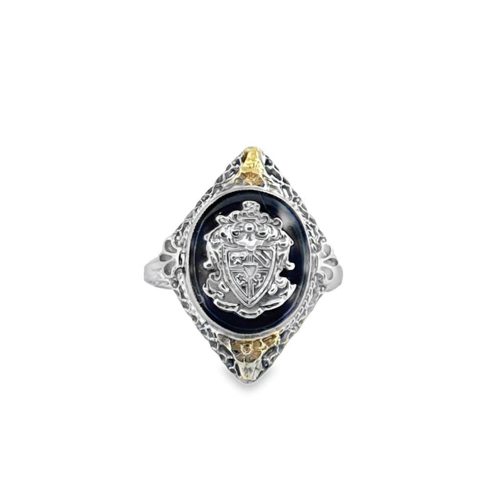 Vintage 14K White Gold & Onyx Ring with Yellow Gold Accents