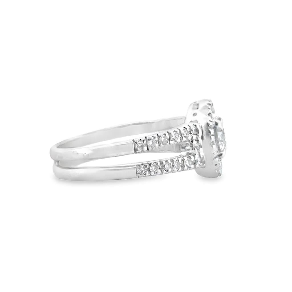0.80 CTW Diamond Halo Ring with Split Shank in 14K White Gold