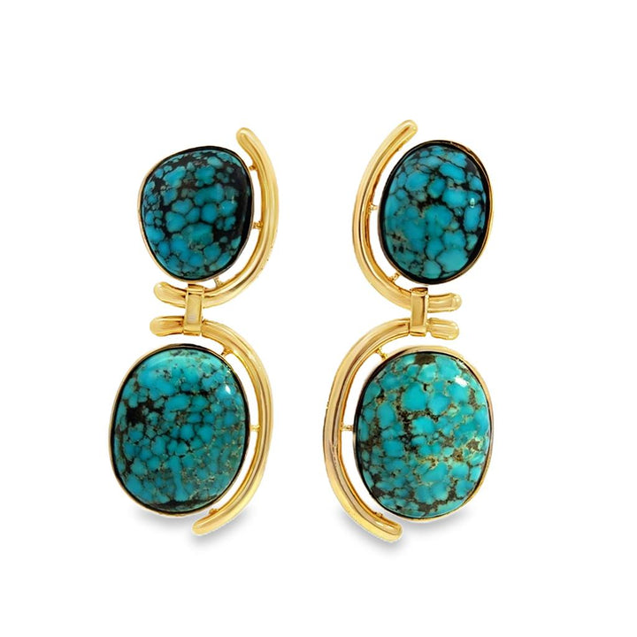 Large Dangle 18K Yellow Gold Turquoise Drop Earrings