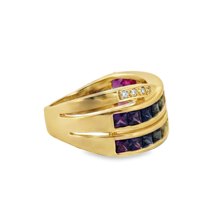Rainbow Sapphire & 0.10 CTW Diamond Wide Band Ring – 18K Yellow Gold
