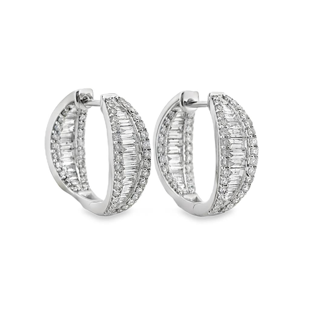 2.00 CTW Round & Baguette Diamond 14K White Gold Hoop Earrings