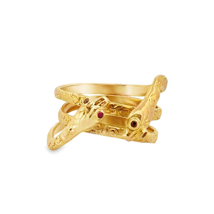 Vintage 14K Yellow Gold Snake Ring with Ruby Eyes – 13mm Wide