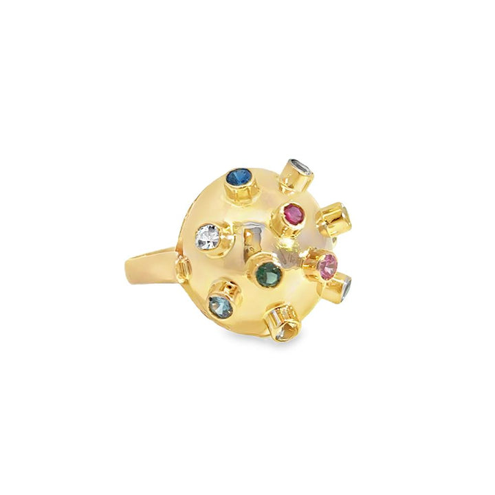 Multi Gemstone 18K Yellow Gold Retro Dome Ring