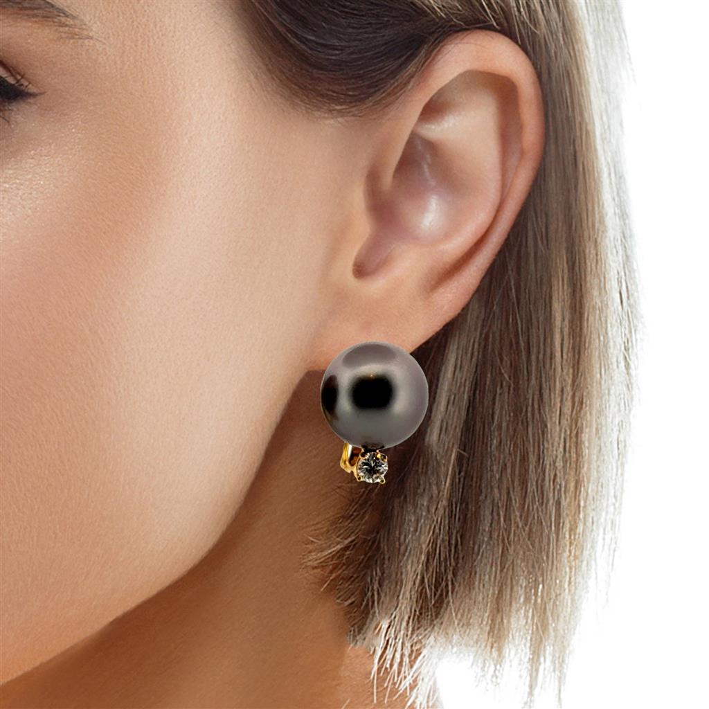 Assael 0.26 CTW Diamond and 11.8mm Tahitian Pearl 18K Yellow Gold Earrings