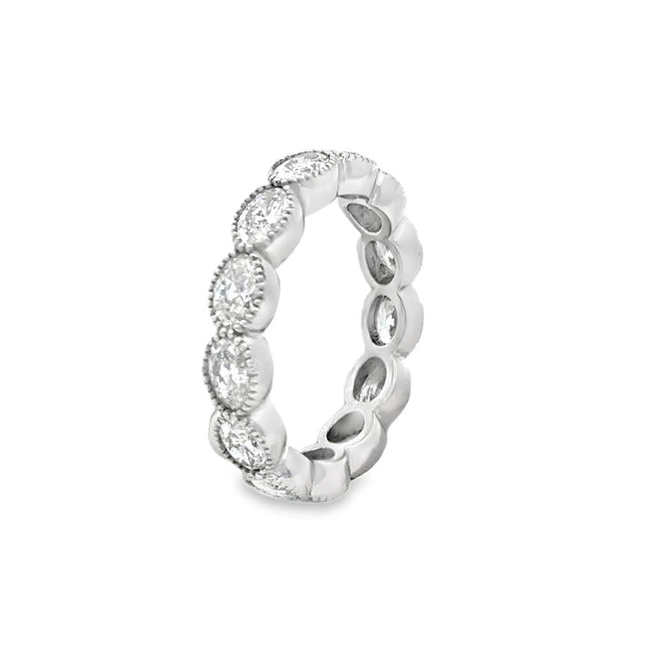 2.46 CTW Oval Diamond Eternity Band Ring in 18K White Gold with Milgrain Detail