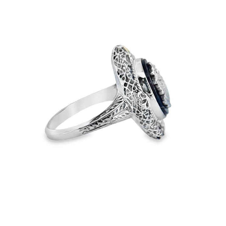 Vintage 14K White Gold & Onyx Ring with Yellow Gold Accents