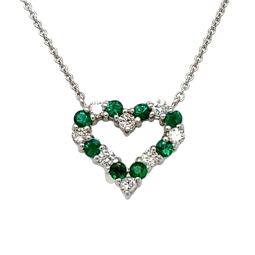 0.40 CTW Emerald and 0.32 CTW Round Brilliant Diamond 18K White Gold Heart Pendant Necklace