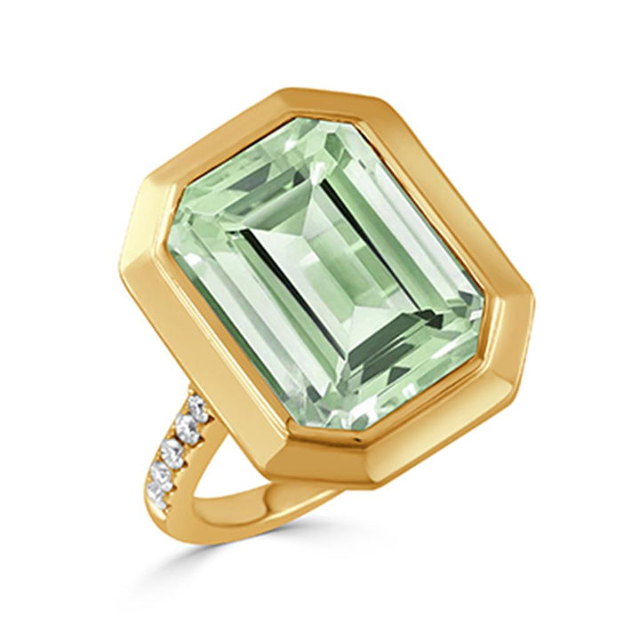 Doves 6.53 CT Emerald Cut Green Amethyst & 0.24 CTW Diamond 18K Yellow Gold Ring