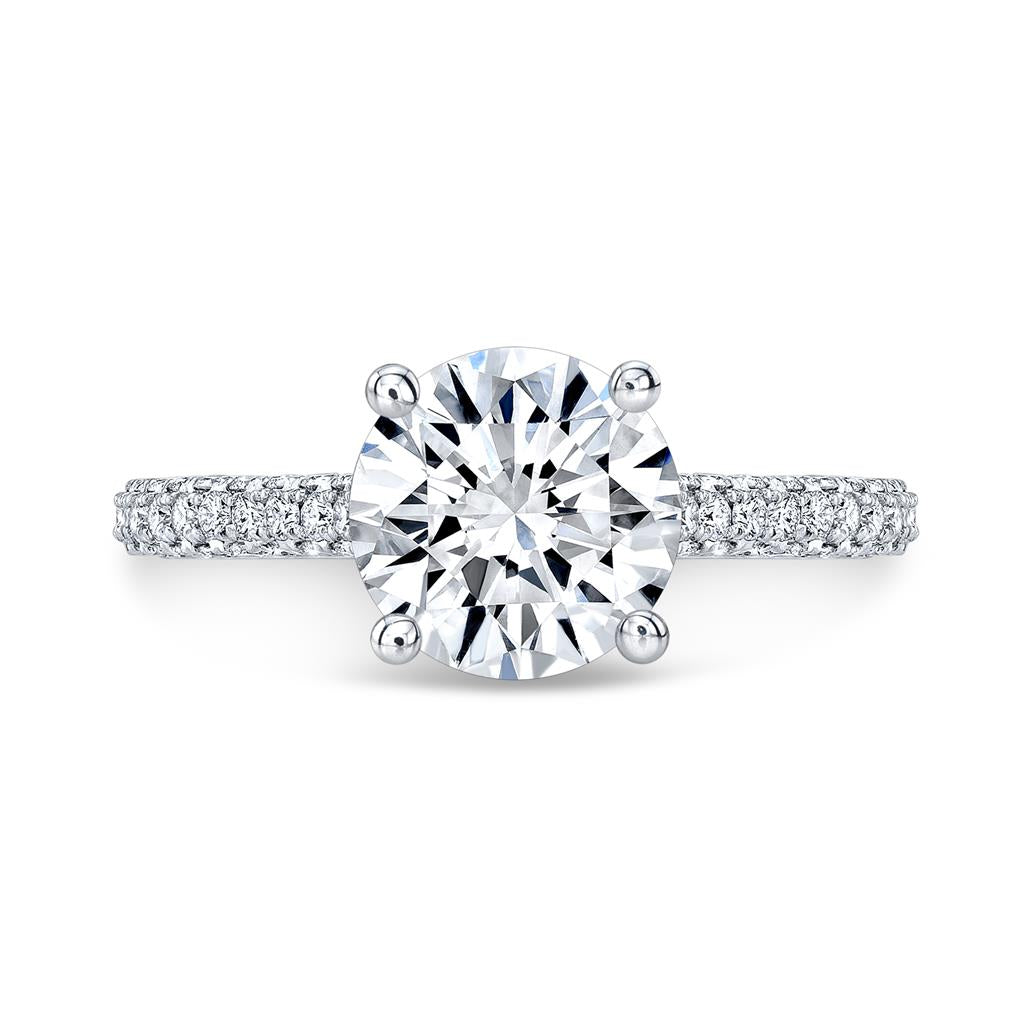 Hidden Halo Engagement Semi-Mount Diamond 18K White Gold 3-Sided Shank Pave Engagement Ring