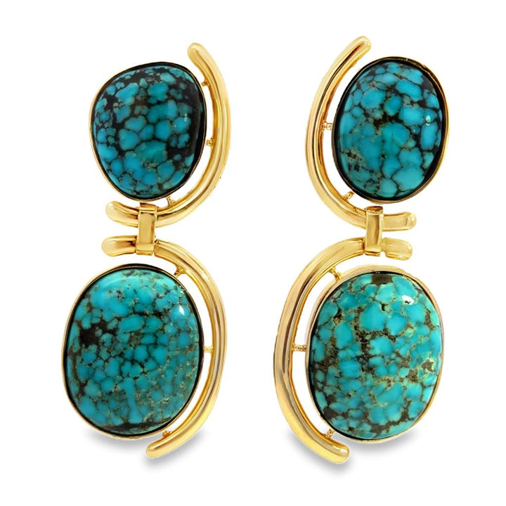 Large Dangle 18K Yellow Gold Turquoise Drop Earrings