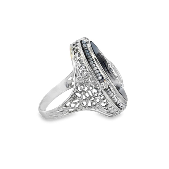 Vintage 14K White Gold Onyx & Seed Pearl Ring