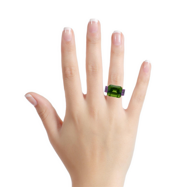 Pre-Owned Platinum and Yellow Gold Peridot, Pink Sapphire & Diamond Ring